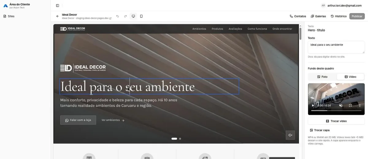 Editor da Área do Cliente com o site da Ideal Decor aberto e o título selecionado para edição