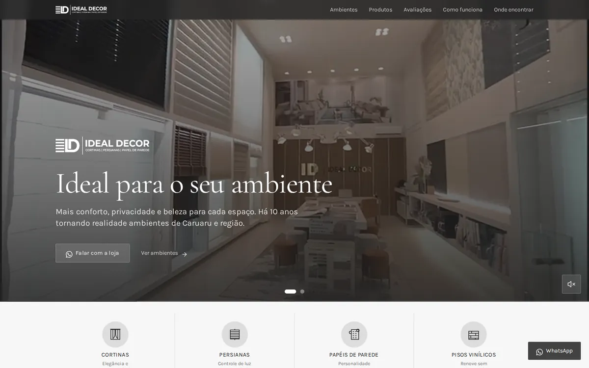 Página inicial do site da Ideal Decor, loja de cortinas e persianas em Caruaru